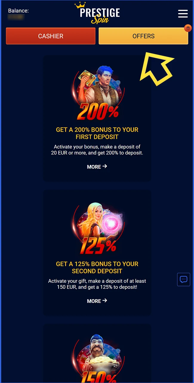 Apply your special bonus code on the Prestige Spin website United Kingdom.